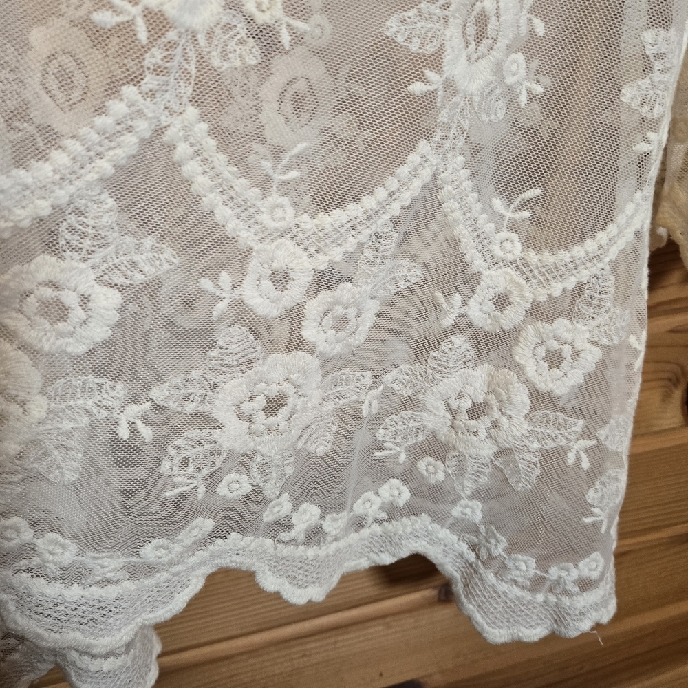 Sheer Lace Top Floral Cream Ivory Embroidered Coquette Cottage Fairy Boho M/L - Picture 6 of 6